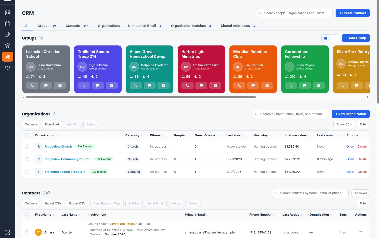 The CRM: every Guest Group, Organization and Contact in one place, each Group with its leader, headcount and one-tap call, text and email